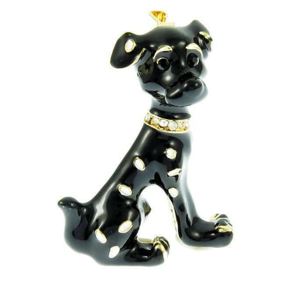 B&W Puppy Brooch Rhinestones Enamel NWT-